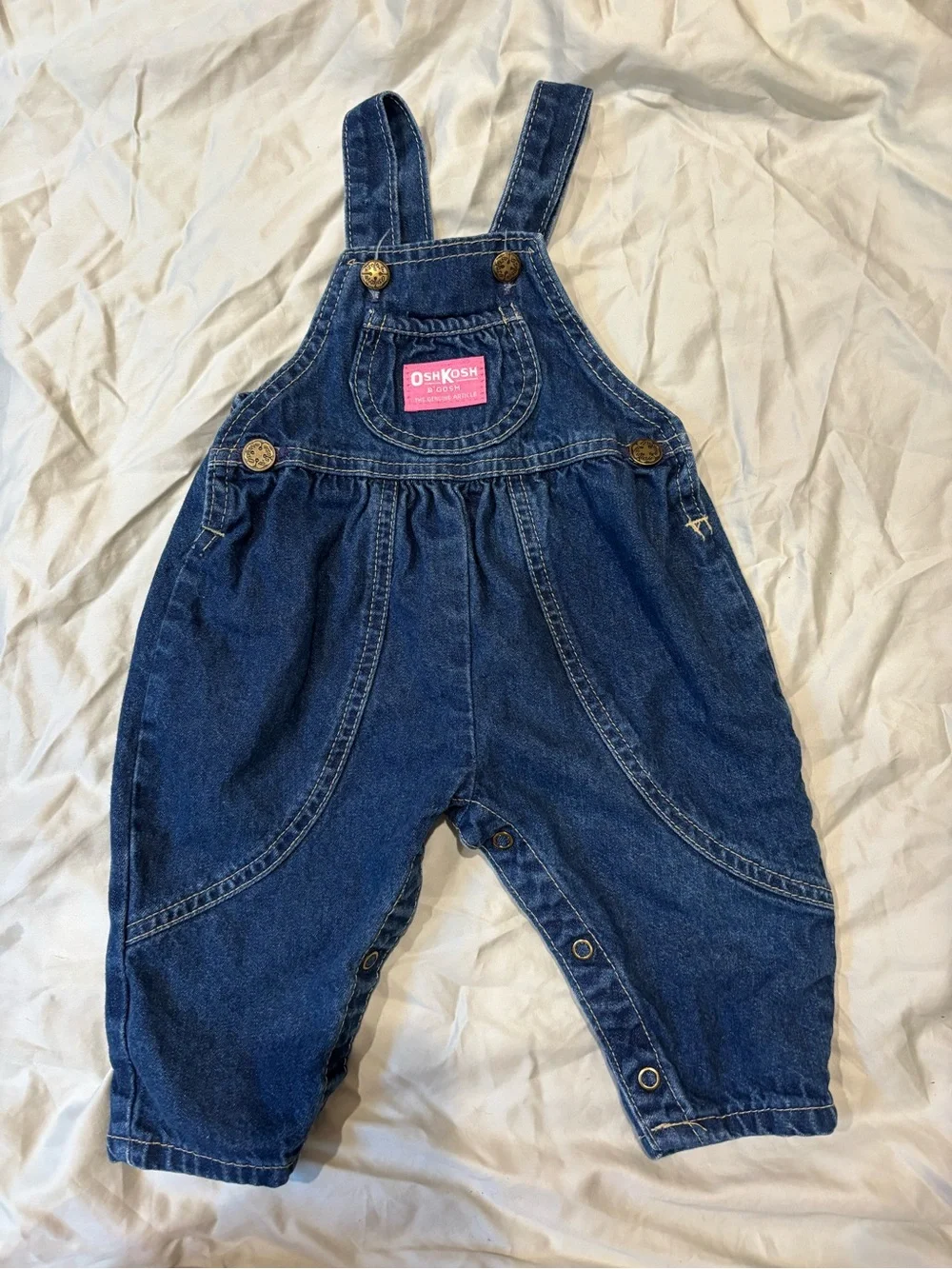 Vintage OshKosh B'gosh Dark Blue Denim Overalls with Pink Logo Patch